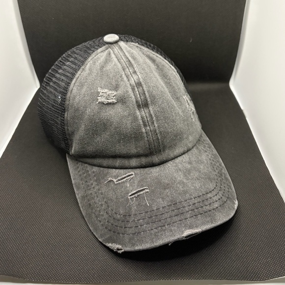 Accessories - Distressed Dark Gray Adjustable Crisscross Ponytail Hat